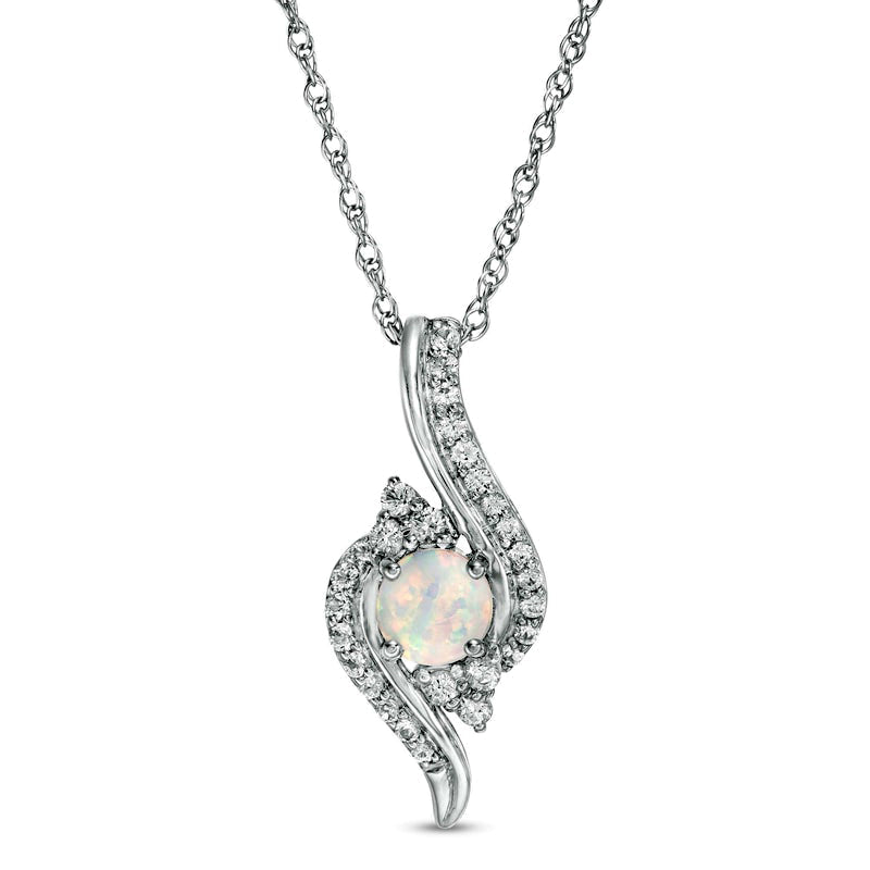 5.0mm Lab-Created Opal and White Sapphire Tri-Sides Bypass Pendant in Sterling Silver