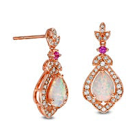 Pear-Shaped Lab-Created Opal, Pink and White Sapphire Lotus Drop Earrings in Sterling Silver with 14K Rose Gold Plate