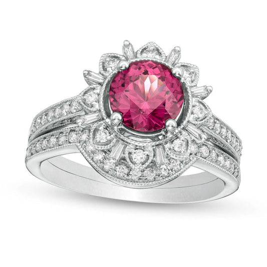 7.0mm Rhodolite and 0.38 CT. T.W. Natural Diamond Sunburst Frame Antique Vintage-Style Bridal Engagement Ring Set in Solid 10K White Gold
