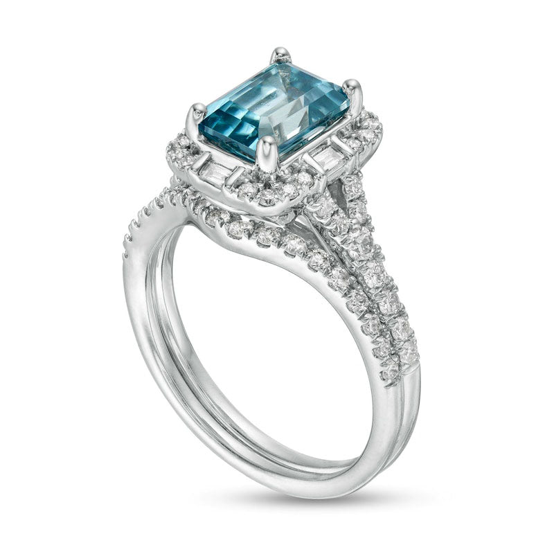 Emerald-Cut Blue Zircon and 0.75 CT. T.W. Natural Diamond Frame Bridal Engagement Ring Set in Solid 10K White Gold