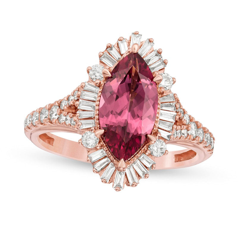 Marquise Rhodolite and 0.63 CT. T.W. Natural Diamond Sunburst Frame Ring in Solid 10K Rose Gold