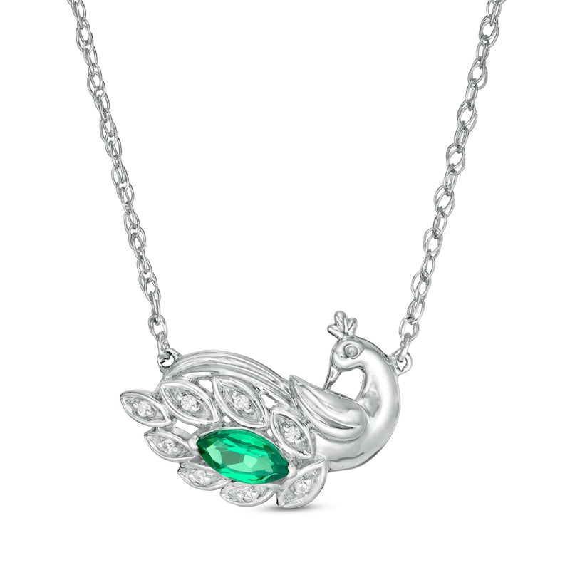 Marquise Lab-Created Emerald and Diamond Accent Peacock Necklace in Sterling Silver