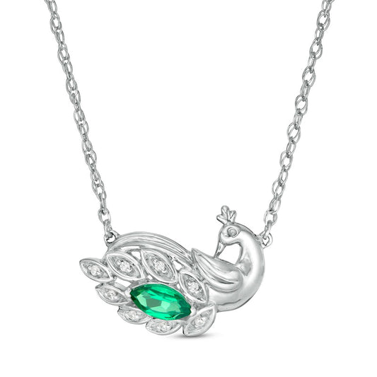 Marquise Lab-Created Emerald and Diamond Accent Peacock Necklace in Sterling Silver