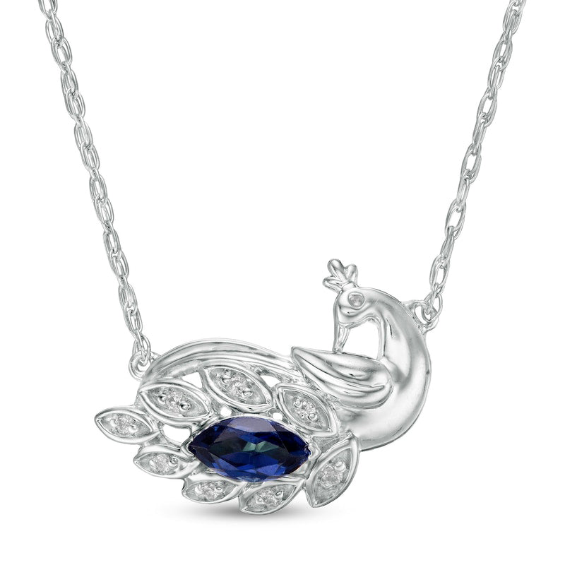 Marquise Lab-Created Blue Sapphire and Diamond Accent Peacock Necklace in Sterling Silver