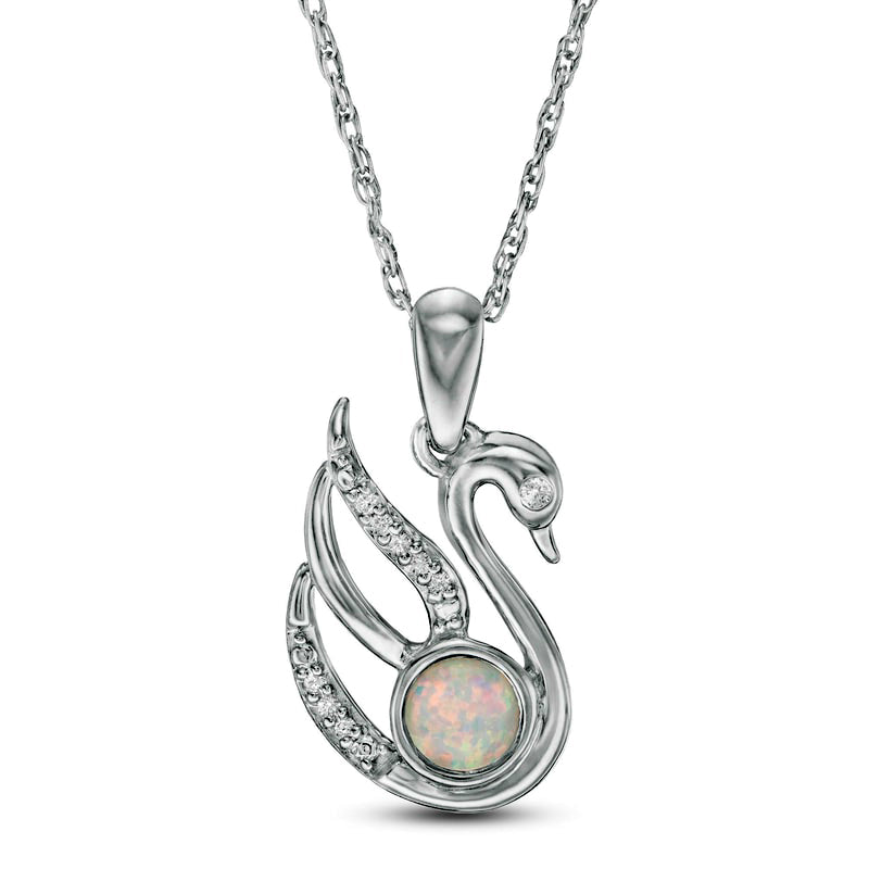 4.0mm Lab-Created Opal and Diamond Accent Swan Pendant in Sterling Silver