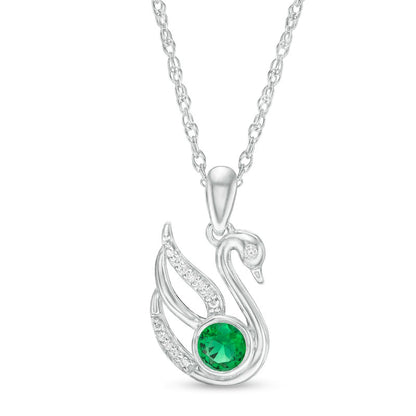 4.0mm Lab-Created Emerald and Diamond Accent Swan Pendant in Sterling Silver