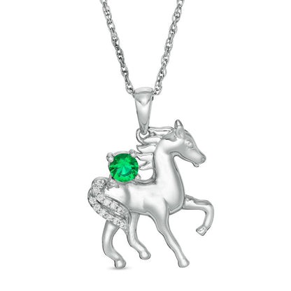 Lab-Created Emerald and Diamond Accent Prancing Horse Pendant in Sterling Silver
