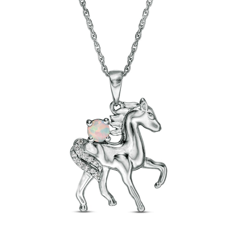 Lab-Created Opal and Diamond Accent Prancing Horse Pendant in Sterling Silver