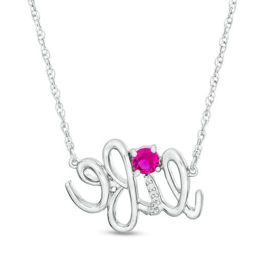 Lab-Created Ruby and Diamond Accent life" Script Necklace in Sterling Silver"