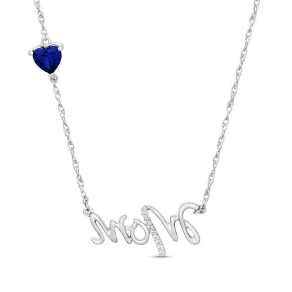 5.0mm Heart-Shaped Lab-Created Blue Sapphire and Diamond Accent Mom" Script Necklace in Sterling Silver"