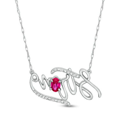 Oval Lab-Created Ruby and Diamond Accent Strong" Script Necklace in Sterling Silver"