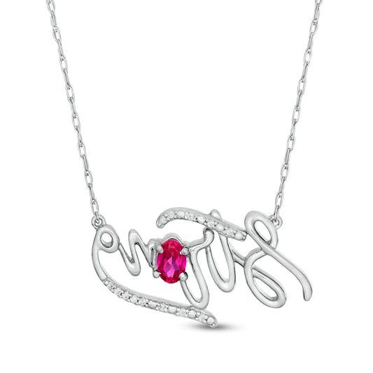 Oval Lab-Created Ruby and Diamond Accent Strong" Script Necklace in Sterling Silver"