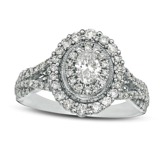 1.0 CT. T.W. Oval Natural Diamond Double Frame Split Shank Antique Vintage-Style Engagement Ring in Solid 14K White Gold