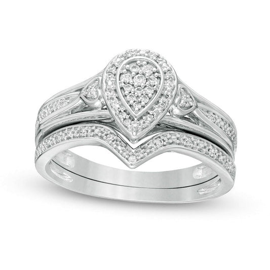 0.17 CT. T.W. Composite Natural Diamond Pear-Shaped Frame Heart-Sides Bridal Engagement Ring Set in Sterling Silver