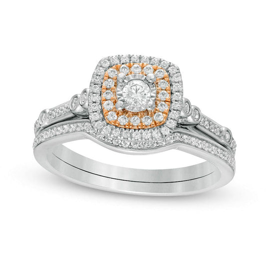 0.38 CT. T.W. Composite Natural Diamond Double Cushion Frame Bridal Engagement Ring Set in Solid 10K Two-Tone Gold