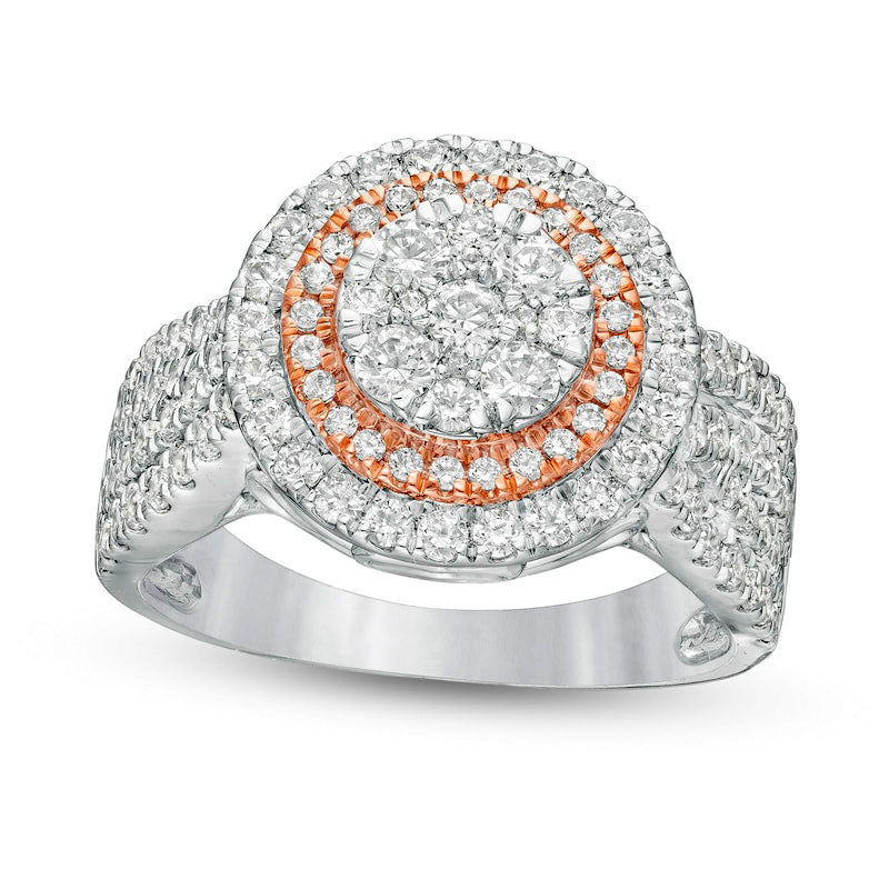 1.5 CT. T.W. Composite Natural Diamond Double Frame Multi-Row Engagement Ring in Solid 10K Two-Tone Gold