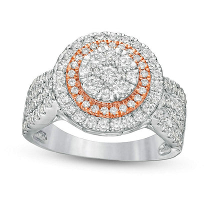 1.5 CT. T.W. Composite Natural Diamond Double Frame Multi-Row Engagement Ring in Solid 10K Two-Tone Gold