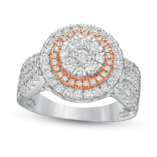 1.5 CT. T.W. Composite Natural Diamond Double Frame Multi-Row Engagement Ring in Solid 10K Two-Tone Gold
