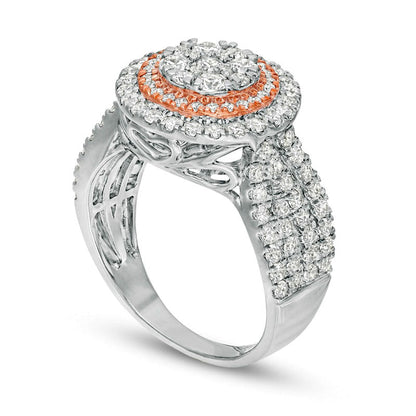 1.5 CT. T.W. Composite Natural Diamond Double Frame Multi-Row Engagement Ring in Solid 10K Two-Tone Gold