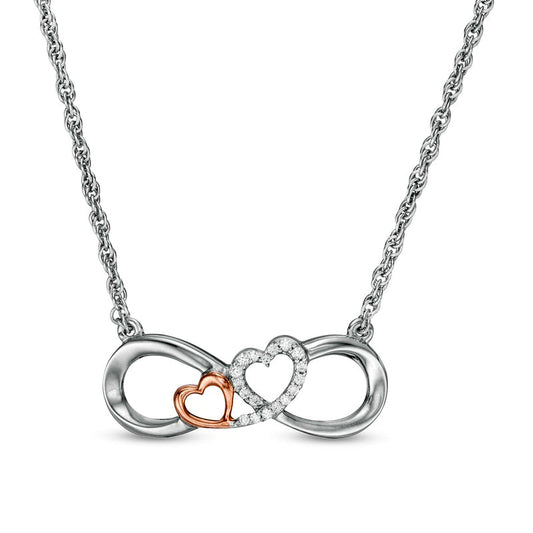 0.05 CT. T.W. Natural Diamond Double Heart Infinity Loop Necklace in Sterling Silver with 14K Rose Gold Plate -17.5"