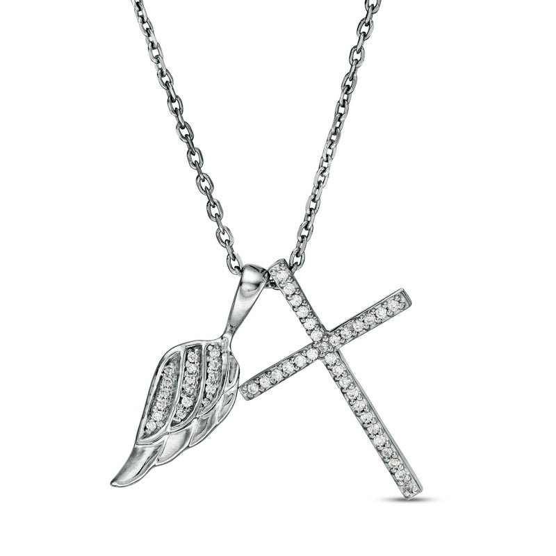 0.13 CT. T.W. Natural Diamond Wing and Cross Pendant in Sterling Silver
