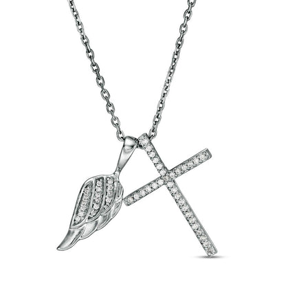 0.13 CT. T.W. Natural Diamond Wing and Cross Pendant in Sterling Silver