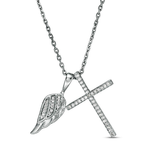 0.13 CT. T.W. Natural Diamond Wing and Cross Pendant in Sterling Silver