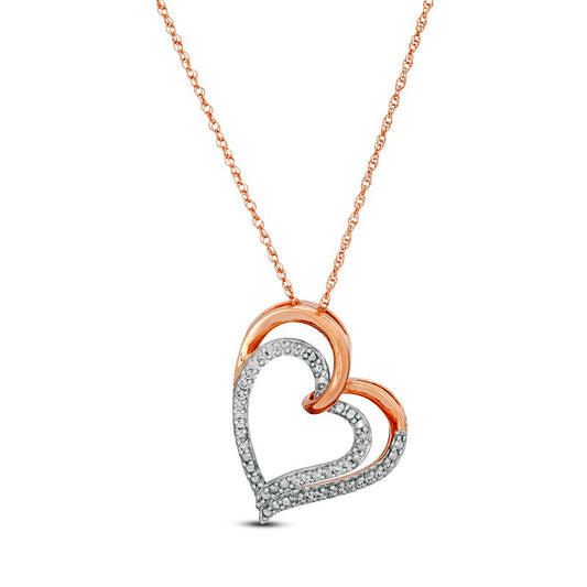 0.1 CT. T.W. Natural Diamond Double Tilted Heart Pendant in 10K Rose Gold