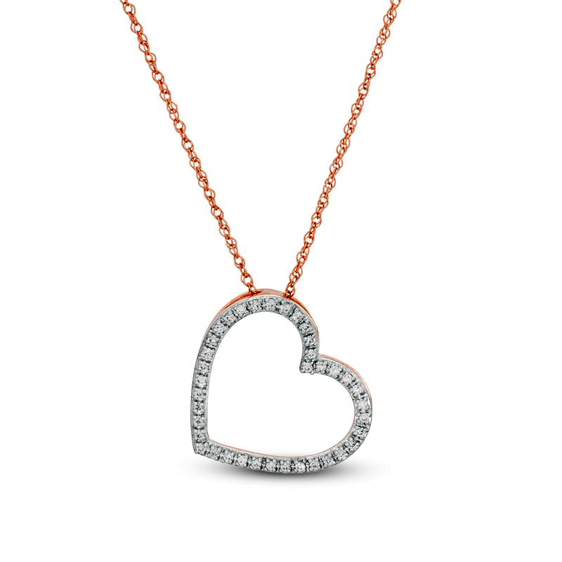 0.07 CT. T.W. Natural Diamond Tilted Heart Outline Pendant in 10K Rose Gold