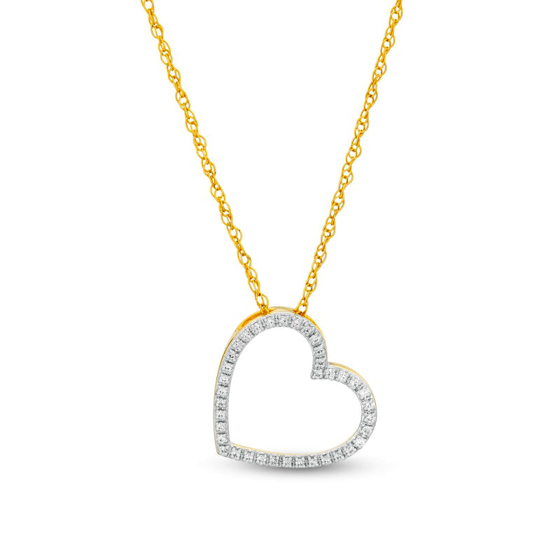 0.07 CT. T.W. Natural Diamond Tilted Heart Outline Pendant in 10K Yellow Gold