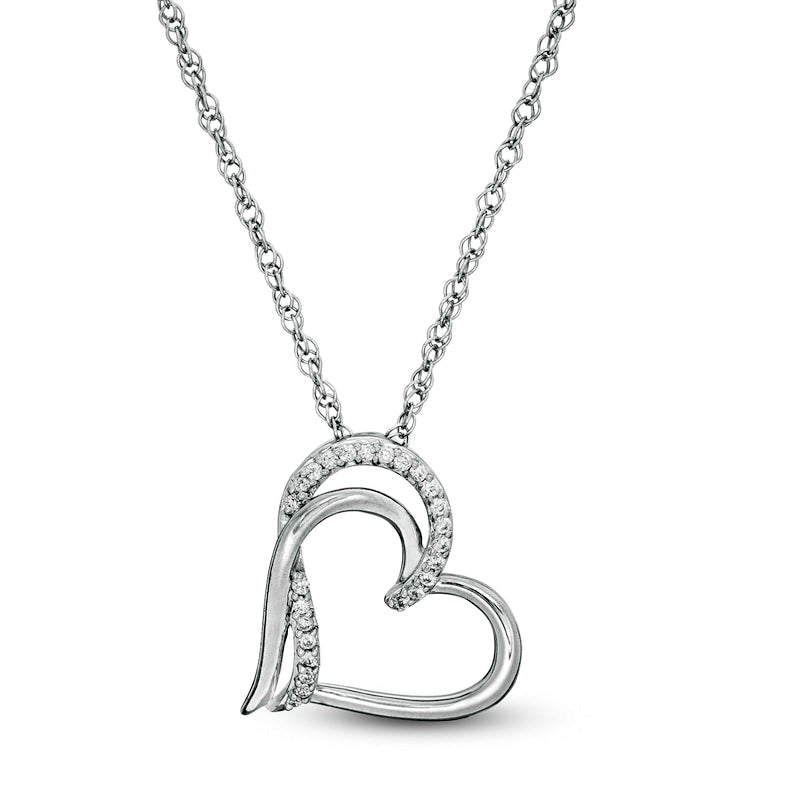 0.07 CT. T.W. Natural Diamond Double Side Tilted Heart Pendant in Sterling Silver