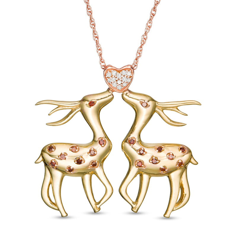 0.1 CT. T.W. Enhanced Red and White Natural Diamond Deer and Heart Pendant in Sterling Silver with 14K Two-Tone Gold Plate