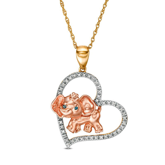 0.1 CT. T.W. Enhanced Blue and White Natural Diamond Elephant and Heart Pendant in Sterling Silver and 14K Two-Tone Gold Plate