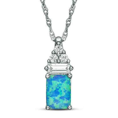 Emerald-Cut Lab-Created Blue Opal and White Sapphire Pendant in Sterling Silver