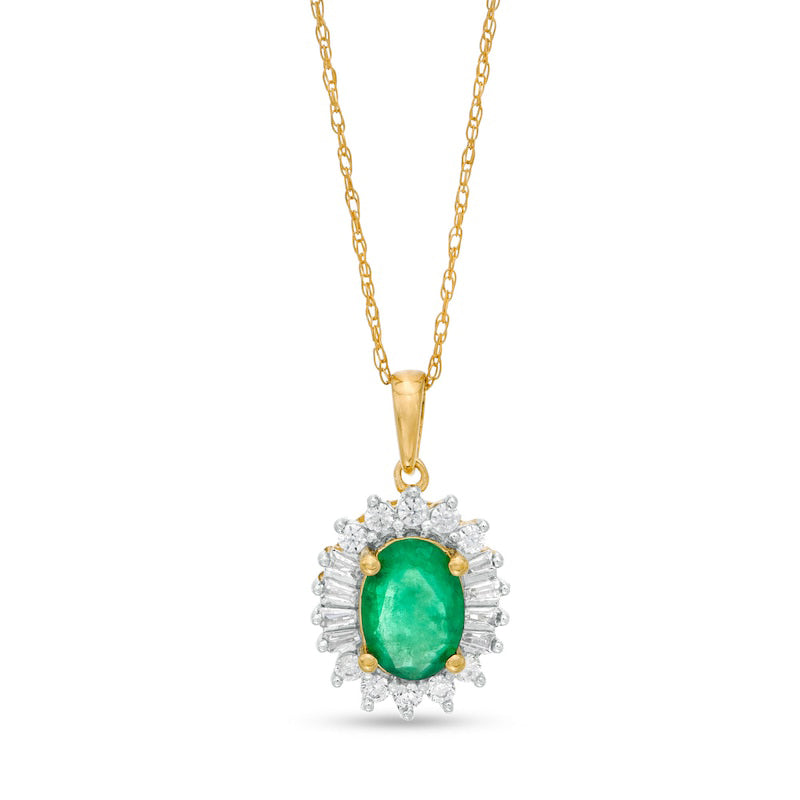 Oval Emerald and 0.2 CT. T.W. Baguette and Round Natural Diamond Starburst Frame Pendant in 10K Yellow Gold
