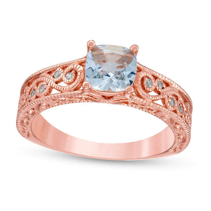 6.0mm Cushion-Cut Aquamarine and 0.05 CT. T.W. Natural Diamond Scroll Open Shank Antique Vintage-Style Ring in Solid 10K Rose Gold