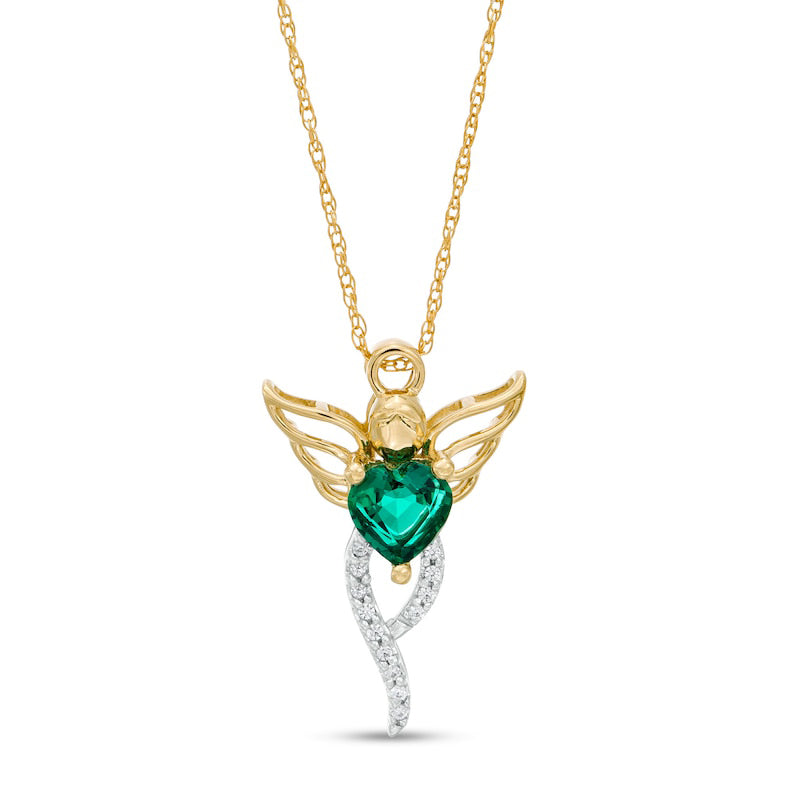 5.0mm Heart-Shaped Lab-Created Emerald and 0.05 CT. T.W. Diamond Angel Pendant in 10K Yellow Gold