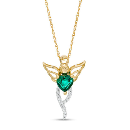 5.0mm Heart-Shaped Lab-Created Emerald and 0.05 CT. T.W. Diamond Angel Pendant in 10K Yellow Gold