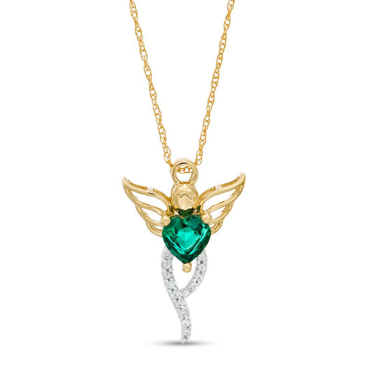 5.0mm Heart-Shaped Lab-Created Emerald and 0.05 CT. T.W. Diamond Angel Pendant in 10K Yellow Gold