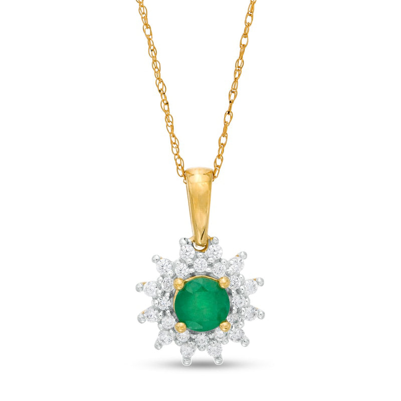 5.0mm Emerald and 0.25 CT. T.W. Natural Diamond Sunburst Frame Pendant in 10K Yellow Gold