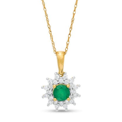 5.0mm Emerald and 0.25 CT. T.W. Natural Diamond Sunburst Frame Pendant in 10K Yellow Gold