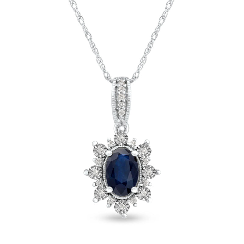 Oval Blue Sapphire and 0.07 CT. T.W. Natural Diamond Sunburst Frame Antique Vintage-Style Drop Pendant in 10K White Gold
