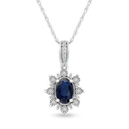 Oval Blue Sapphire and 0.07 CT. T.W. Natural Diamond Sunburst Frame Antique Vintage-Style Drop Pendant in 10K White Gold