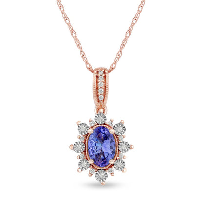 Oval Tanzanite and 0.07 CT. T.W. Natural Diamond Sunburst Frame Antique Vintage-Style Drop Pendant in 10K Rose Gold
