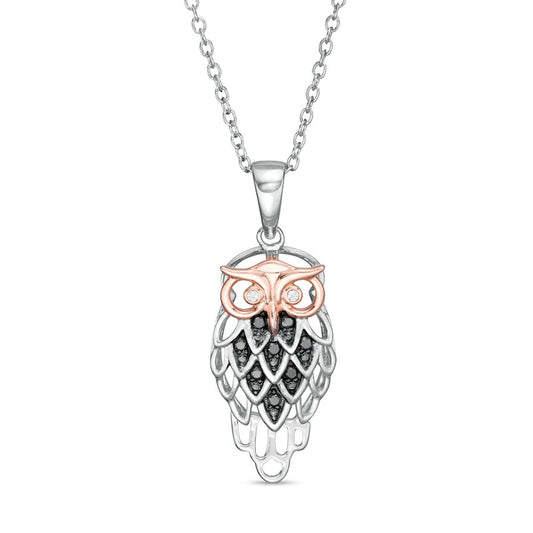 0.1 CT. T.W. Enhanced Black and White Natural Diamond Owl Pendant in Sterling Silver with 14K Rose Gold Plate