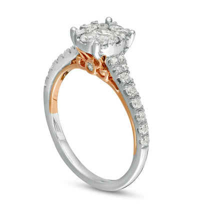0.75 CT. T.W. Natural Diamond Oval Frame Engagement Ring in Solid 14K Two-Tone Gold