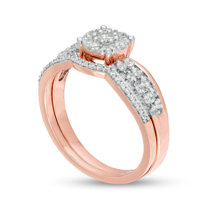 0.50 CT. T.W. Composite Natural Diamond Double Row Bridal Engagement Ring Set in Solid 10K Rose Gold