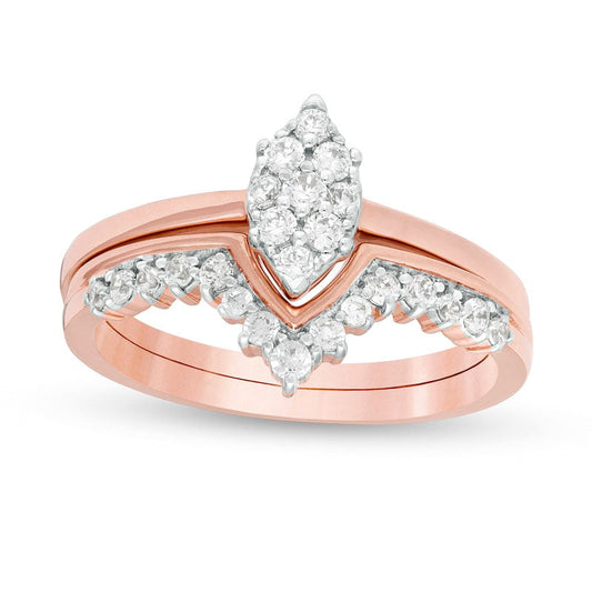 0.38 CT. T.W. Composite Marquise Natural Diamond V" Bridal Engagement Ring Set in Solid 10K Rose Gold"