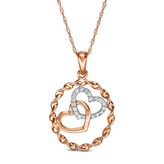 0.1 CT. T.W. Natural Diamond Double Outline Heart Twist Circle Pendant in 10K Rose Gold