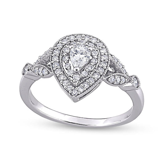 0.50 CT. T.W. Pear-Shaped Natural Diamond Double Frame Leaf-Sides Antique Vintage-Style Engagement Ring in Solid 10K White Gold